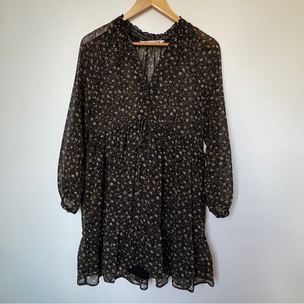 Zara Sheer Babydoll Dress Long Sleeve Black Floral
